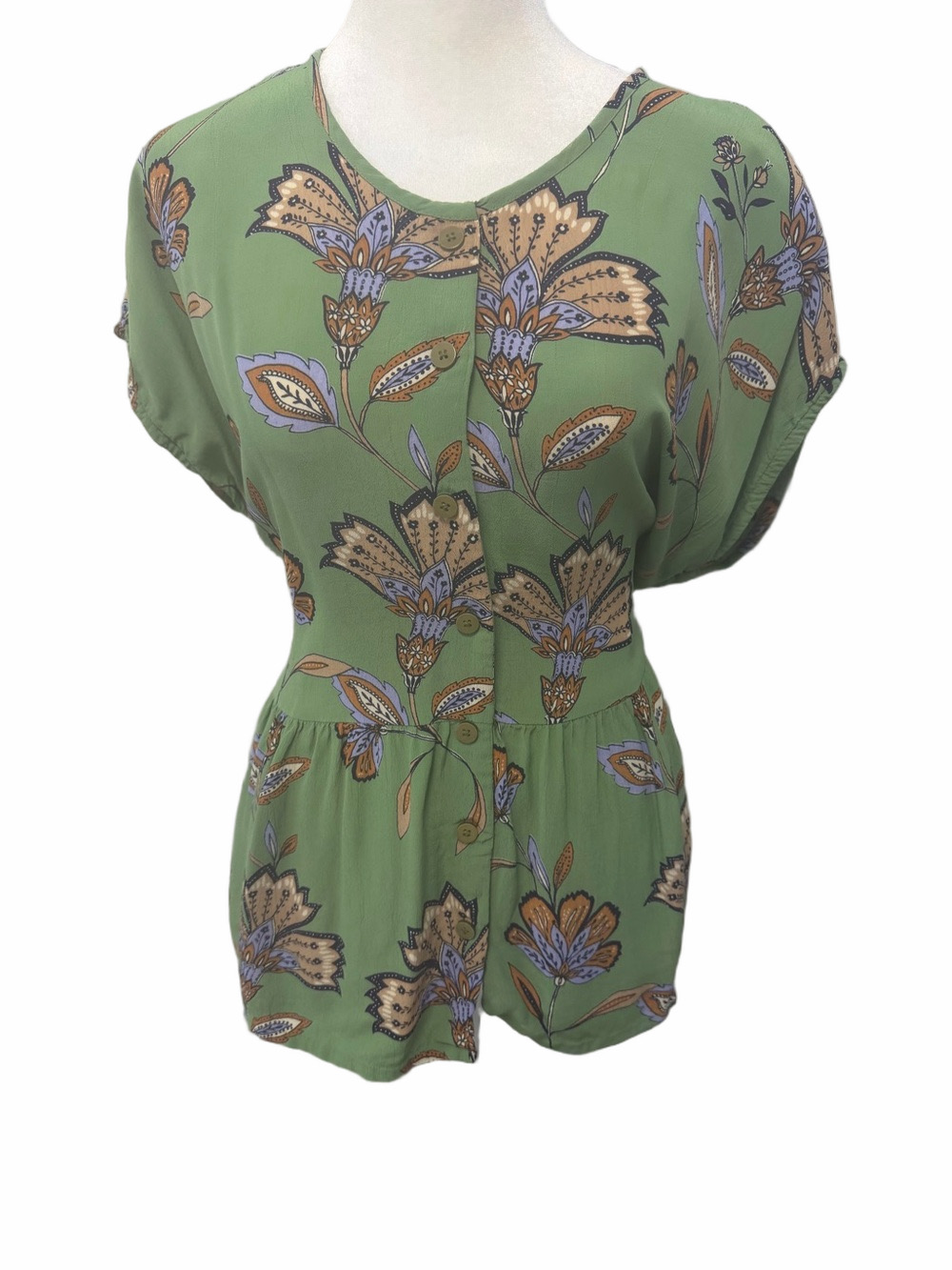 Masai Copenhagen Idali Green Floral Peplum Swing Blouse Top Size L